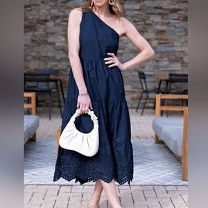 Gap Women's Midi Dress Size 4 Navy Blue One Shoulder Tiered Cotton Lined